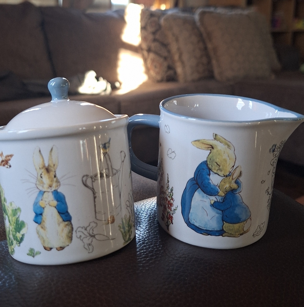 Beatrix Potter Blue Rabbit Ceramic Creamer and Sugar Set